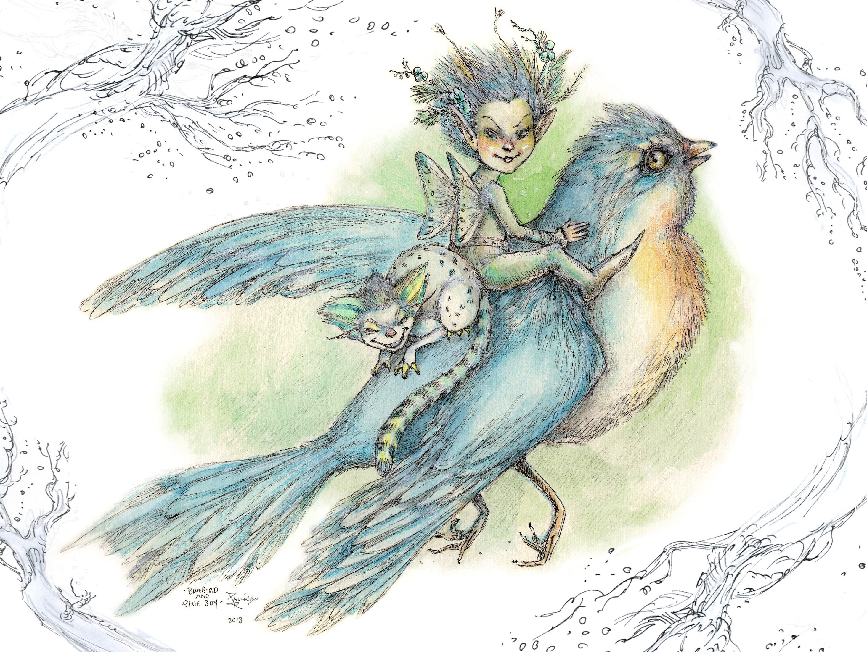Bird & Faerie Art Print - Peacock Art - Bluebird - Faeries - Whimsy Birds Art Print Reproductions by Paulina Fae