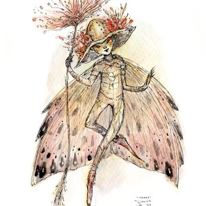 May include: Watercolor illustration of a fairy with large wings, wearing a hat with a flower on top. The fairy is holding a flower stalk in its hand. The fairy is drawn in a whimsical style with delicate details.