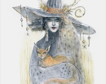 Witch Art Prints - Witches - Whimsical Witches - Witchy Art - Cat Art Print by Paulina Fae