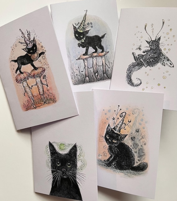 Black Cat Note Cards: Whimsical Kitten Art Greeting Cards by Paulina Fae