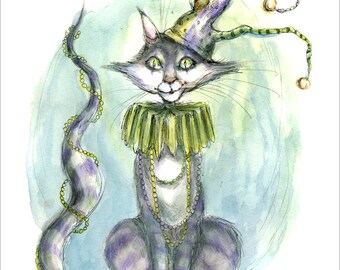 Cat Art Prints, Jester Cat, Mardi Gras Cat, Space Cat, Stray Cat, Calico