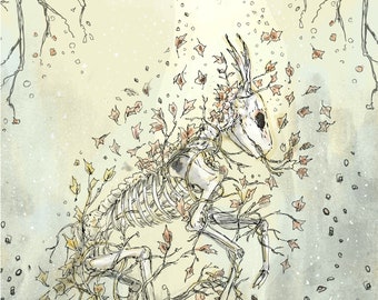 May include: A watercolor illustration of a deer skeleton with antlers, surrounded by leaves and vines. The background is a light yellow with a watercolor effect.