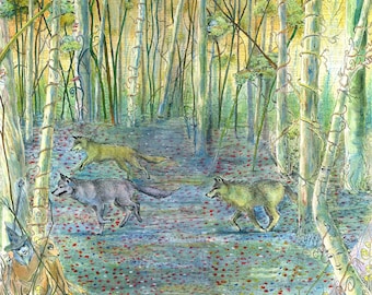 Spirit Wolf Art Print – Fantasy Wolves Watercolor Painting by Paulina Fae