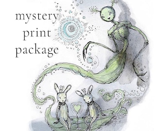 May include: A watercolor illustration featuring the text mystery print package, a tall green ethereal figure with branching head details, and two small rabbit-like creatures sitting together near a small green heart shape.