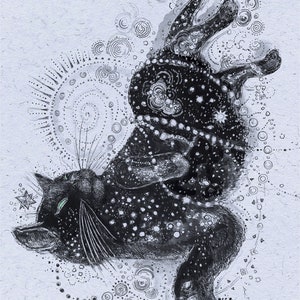 Blue Constellation Kitty - Black Galaxy Cat Art Print - Outer Space Cat - Starcat - Happy Black Cat