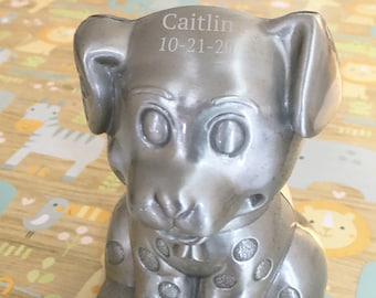 Personalized Puppy Coin Bank - Engraved Baby Gift - Pewter Finished Dog Bank - Dalmation Coin Bank - Child's Bank - Ring Bearer Gift
