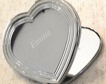 Personalized Heart Compact Mirror - Silver Compact Mirror - Bridesmaid gifts, Mothers Day Gift - Gift for Teacher - Engraved Compact Mirror