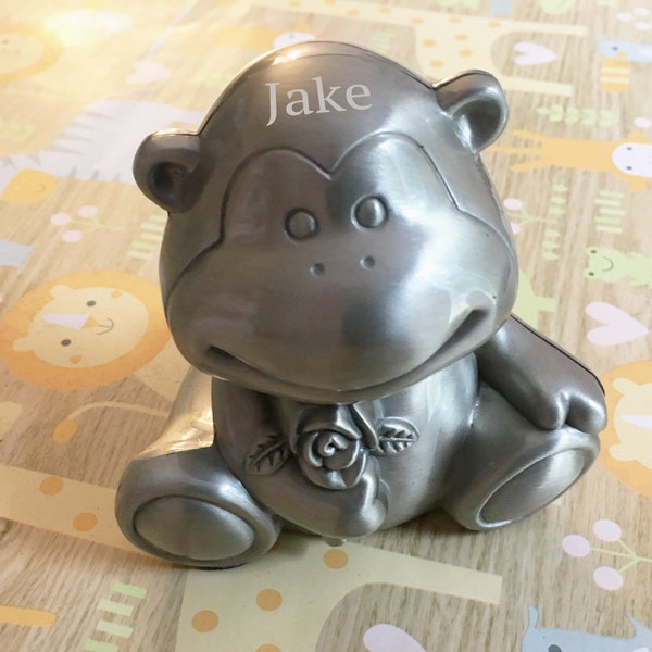 Monkey in Love Coin Bank - Baby Gift - Personalized Coin Bank - Piggy Bank - Engraved New Baby Gift - Baby Shower Gift - Baby Memories Gift