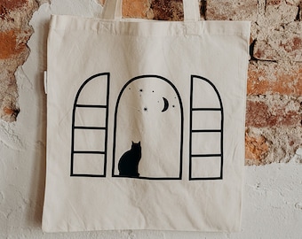 Moonlight Kitty Tote, Kitty Tote Bag, Cat Tote, Tote Bag, Canvas Tote Bag, Tote réutilisable, Shopping Tote Bag