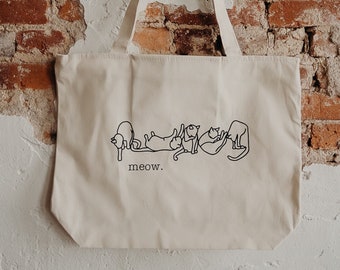 Meow Tote Bag, Kitty Tote Bag, Cat Tote, Tote Bag, Canvas Tote Bag, Reusable Tote, Shopping Tote Bag, Large Tote Bag, Zipper Tote Bag