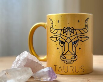 Taurus Coffee Mug w/ Surprise Crystal Inside, 11oz Gold Mug, Zodiac Mug, Ceramic Mug, Taurus Birthday Gift, Taurus Gift, Taurus Zodiac Sign
