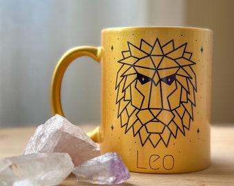 Leo Coffee Mug w/ Surprise Crystal Inside, 11oz Gold Mug, Zodiac Mug, Ceramic Mug, Leo Birthday Gift, Leo Gift, Leo Zodiac Sign, Crystals
