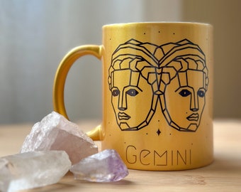 Gemini Coffee Mug w/ Surprise Crystal Inside, 11oz Gold Mug, Zodiac Mug, Ceramic Mug, Gemini Birthday Gift, Gemini Gift, Gemini Zodiac Sign