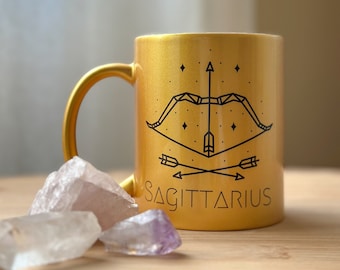 Sagittarius Coffee Mug w/ Surprise Crystal Inside, 11oz Gold Mug, Zodiac Mug, Ceramic Mug, Sagittarius Birthday Gift, Sagittarius Gift