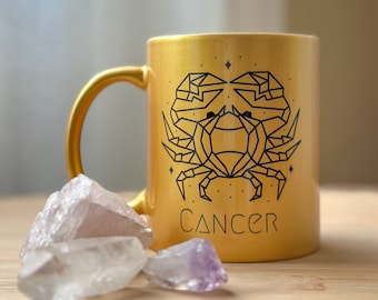 Cancer Coffee Mug w/ Surprise Crystal Inside, 11oz Gold Mug, Zodiac Mug, Ceramic Mug, Cancer Birthday Gift, Cancer Gift, Cancer Zodiac Sign