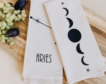 Zodiac Constellation + Moon Phases Tea Towels- Set of 2, Flour Sack Tea Towels, Kitchen Towels, Dishcloths, 100% Cotton Towels