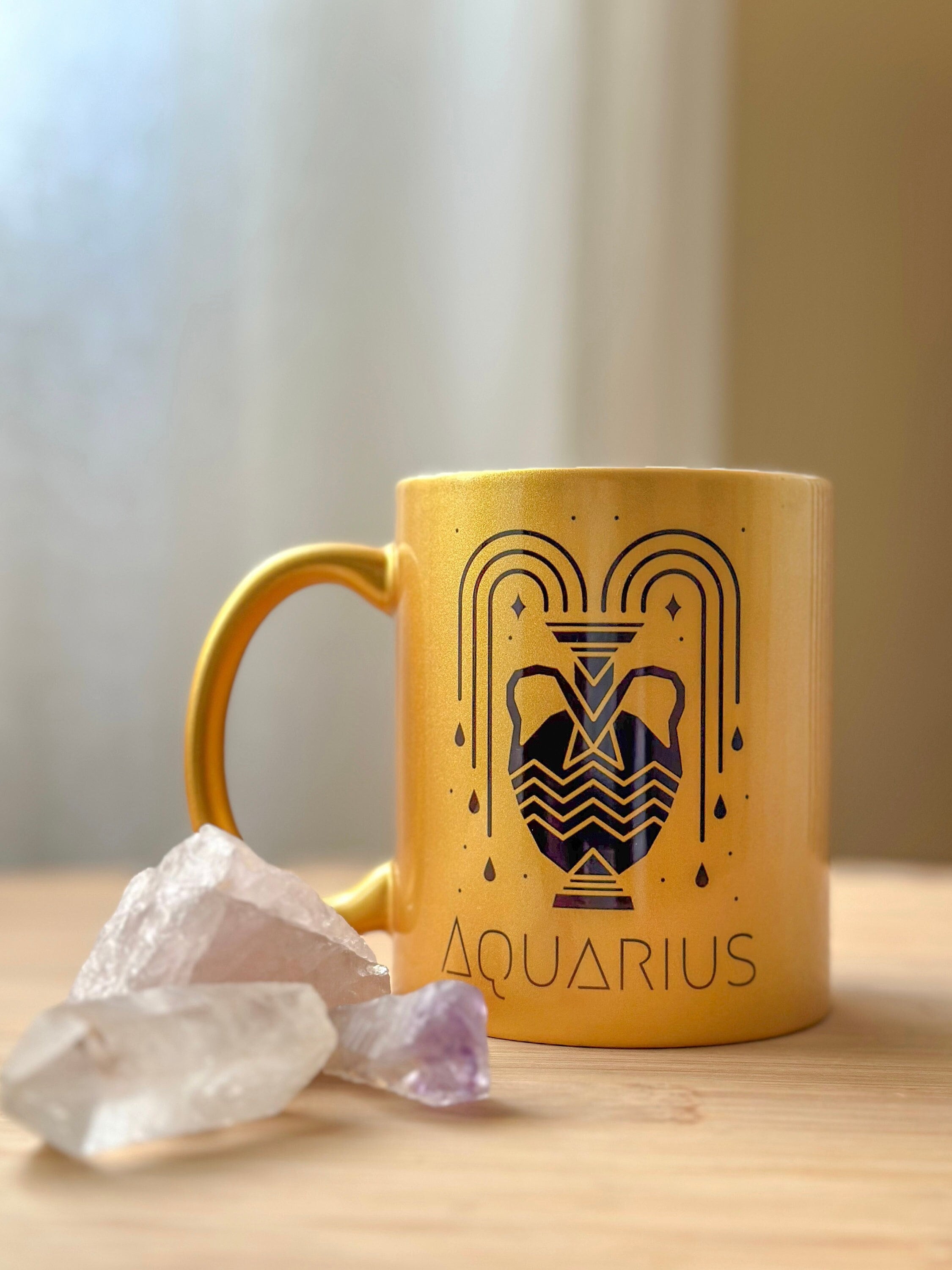 Aquarius Coffee Mug w/ Surprise Crystal Inside, 11oz Gold Mug, Zodiac Mug, Ceramic Mug, Aquarius Birthday Gift, Aquarius Gift, Aquarius Sign