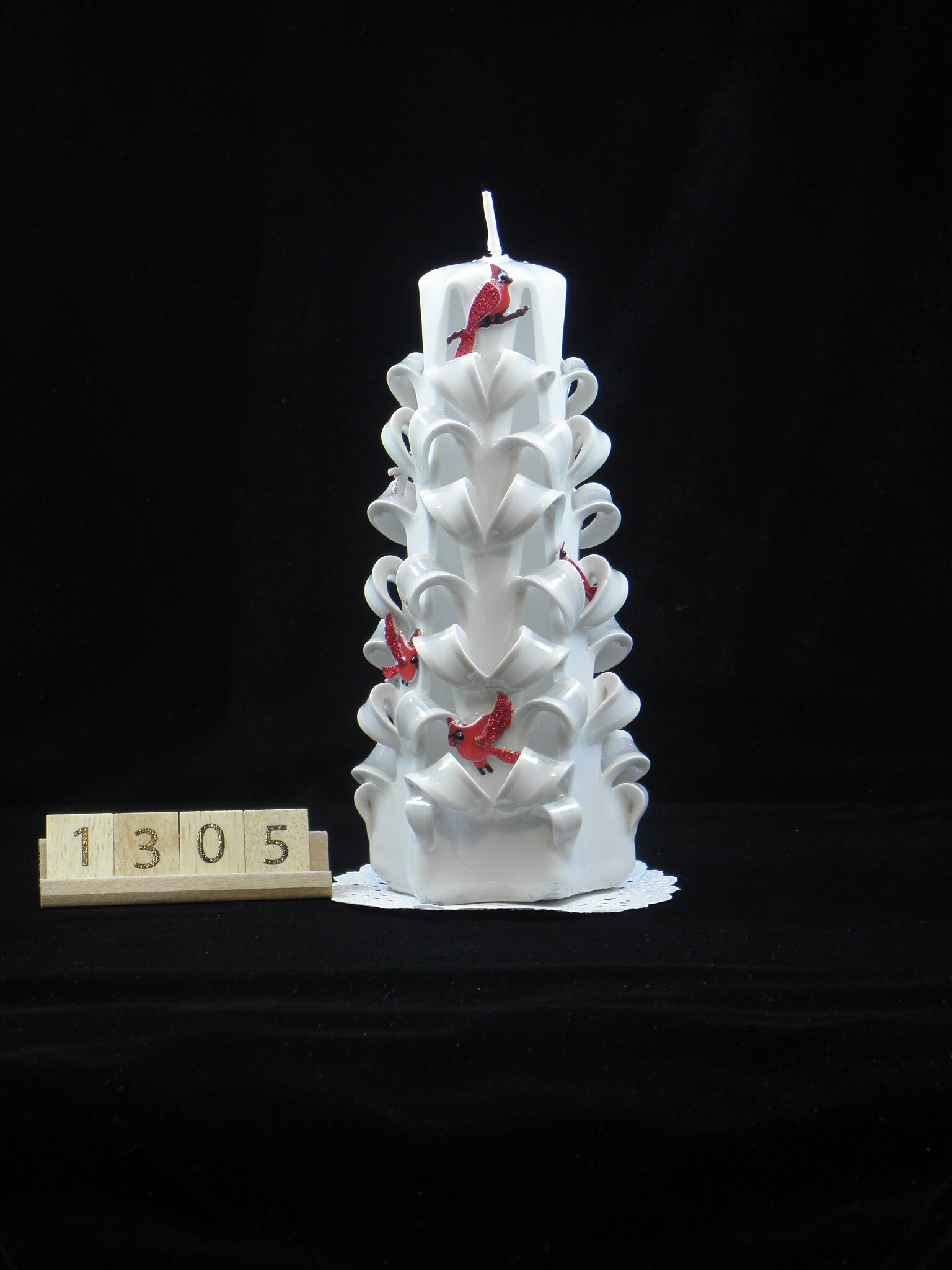 Hand Carved Candle White Christmas Tree Carve With Cardinals 7 Inch Ooak 1305