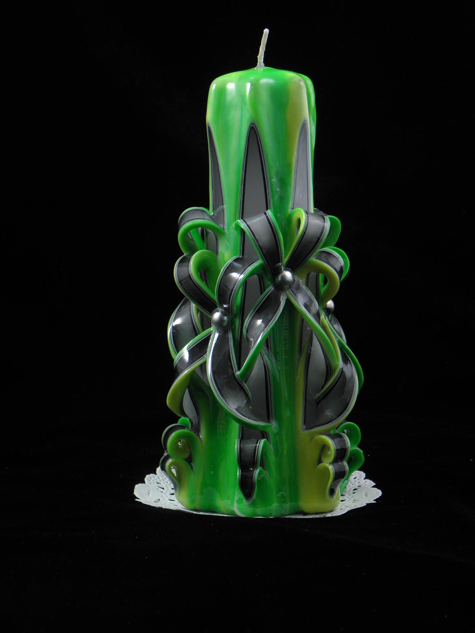 Hand Carved Candle, Green and Black Candle, Double Bow