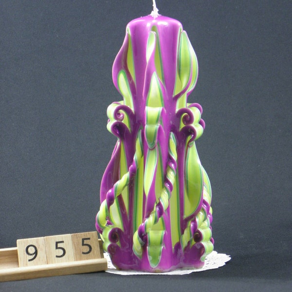 Hand Carved Candle, Neon Yellow,Green and Purple , Side Twist, 7 Inch, 955