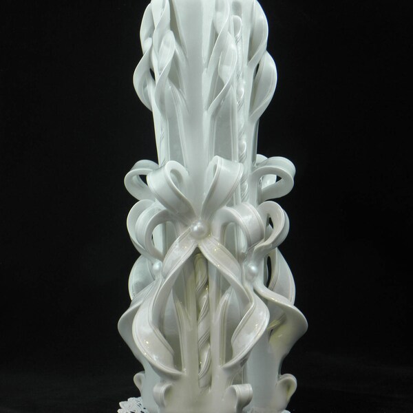 Hand Carved Candle, White Candle, Double Bow Carve, 10 inch candle, Wedding Candle, Unity Candle, 629