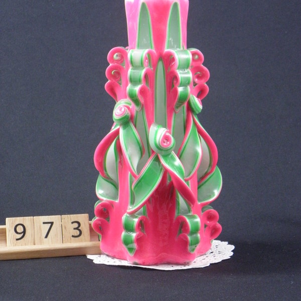 Hand Carved Candle, Neon Pink and Neon Green, Rosette Carve, 7 Inches Tall, 973