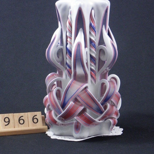 Hand Carved Candle, Red, White and Blue, Patriotic, Independence Day, Military, Basketweave Carve, Pink Ribbon, 7 x 2 Inch, 966