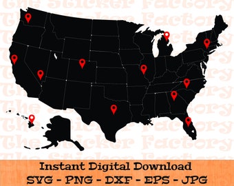 United States Map with Pins svg – Digital Download – SVG, DFX, PNG, Eps, Jpg - Cutting Files for Cricut, Clip Art