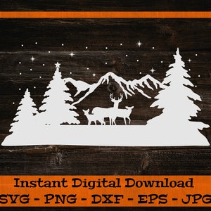 Escena de invierno SVG - Descarga digital - Familia de ciervos svg, Escena de Navidad SVG, Ciervos de Navidad, Montañas, Archivo para Cricut svg dxf png eps jpg