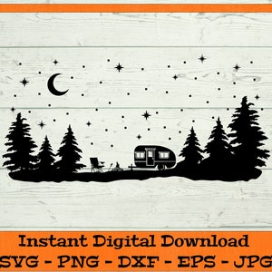 Camping scène sterren SVG-digitale download-kampvuur bos scène met camper PNG, buiten SVG, clipart Cricut SVG DXF PNG EPS jpg