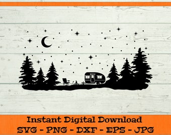 Camping Scene Stars SVG - Digital Download - Campfire Forest Scene with Camper PNG, Outdoors SVG, Clipart Cricut svg dxf png eps jpg