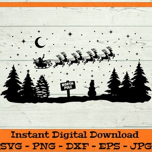 Winters tafereel Noordpool SVG - Digitale Download - Santas Sleigh svg, Kersttafereel, Kerstman en Rendieren, Bestand voor Cricut svg dxf png eps jpg