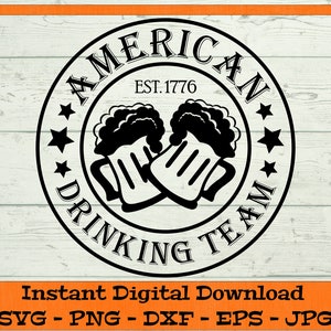 May include: Black and white graphic design of a circular stamp with the text "AMERICAN DRINKING TEAM EST. 1776" and two beer mugs with foam on top.