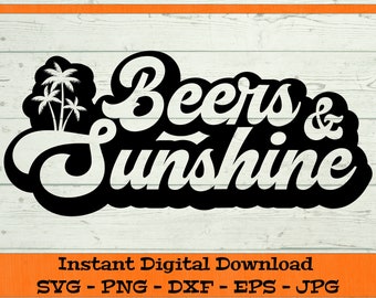 May include: Black and white graphic design with the text "Beers & Sunshine" in a retro font. Palm trees are included in the design.