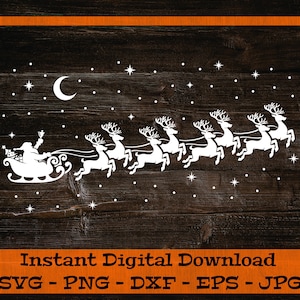 Silhouette de renne en traîneau du père Noël, signe de Noël SVG - téléchargement numérique - Silhouette du père Noël, père Noël et scène de Noël renne