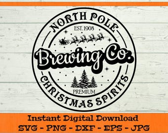 May include: Black and white circular design with the text "North Pole Brewing Co. Christmas Spirits" and "Est. 1908". The design features a reindeer pulling a sleigh with a Christmas tree and a star.