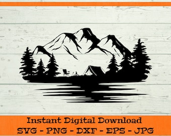 Camping Scene SVG - Digital Download - Campfire Tent Forest Scene with Mountains Lake PNG, Outdoors SVG, Clipart Cricut svg dxf png eps jpg