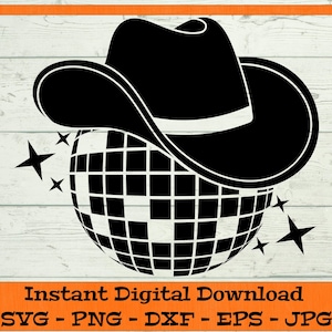 Puede incluir: Bola de disco negra y blanca con un sombrero de vaquero negro en la parte superior. La bola de disco tiene una superficie de espejo con muchos cuadrados pequeños.