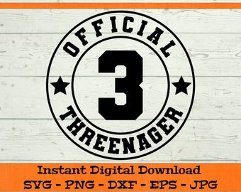 Könnte beinhalten: Schwarz-weißes Grafikdesign mit dem Text "OFFICIAL THREENAGER", der die Zahl "3" umkreist. Zwei schwarze Sterne flankieren die Zahl. Der untere Teil des Bildes lautet "Instant Digital Download" und listet Dateiformate auf.