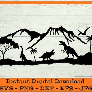 Dinosaur Scene SVG with Mountains Volcano - Digital Download - Boy Wall Art, T-Rex Dinosaur Shirt PNG, Clipart Cricut - svg dxf png eps jpg
