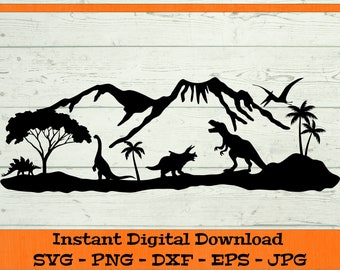 Dinosaur Scene SVG with Mountains Volcano - Digital Download - Boy Wall Art, T-Rex Dinosaur Shirt PNG, Clipart Cricut - svg dxf png eps jpg