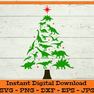 May include: A green Christmas tree silhouette made of dinosaurs with a red star on top. The tree is on a white wood background.