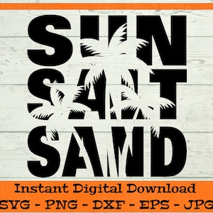 May include: Black and white graphic design with the words "SUN SANT SAND" in a stacked format. Palm trees are incorporated into the design.
