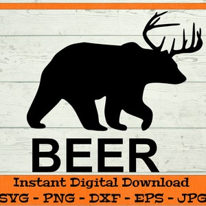 May include: Black silhouette of a bear with antlers, walking to the right, with the word "BEER" in large, bold letters below. The image is on a white woodgrain background.