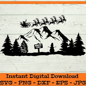 Winters tafereel Noordpoolgebergte SVG - Digitale Download - Santas Slee svg, Kersttafereel, Rendieren, Bestand voor Cricut svg dxf png eps jpg