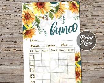 Sunflower bunco score card, Fall score sheet, Winter flower bunko party, Spring scorecard, Summer, printable template, instant download