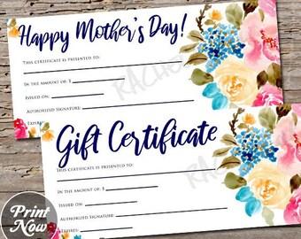 Floral Gift Certificate, Printable template, Spring, Massage Photography session voucher, Mothers day, Flower, Instant digital download