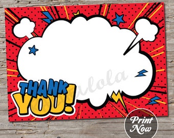 Comic Book printable Thank You note cards, Superhero, Red, blue, and yellow, Birthday party, Baby shower, Instant download, Digital template