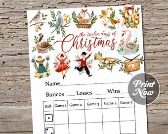 12 days of Christmas bunco score card, score sheet, Bunko party scorecard, Winter holiday, Printable template, Instant digital download