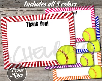 Softball Thank You notes, printable card, softball birthday party, softball team coach, end of season, Instant Digital Download Template 5x7